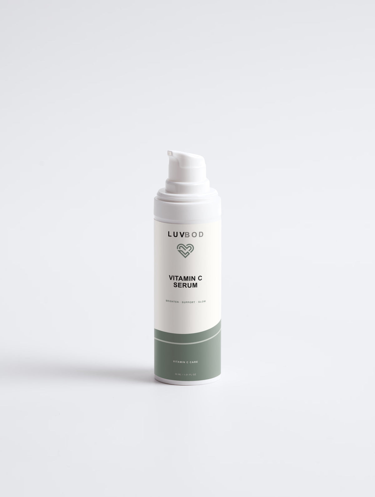 Front view of LUVBOD Vitamin C Serum bottle with green Horizon wave label.