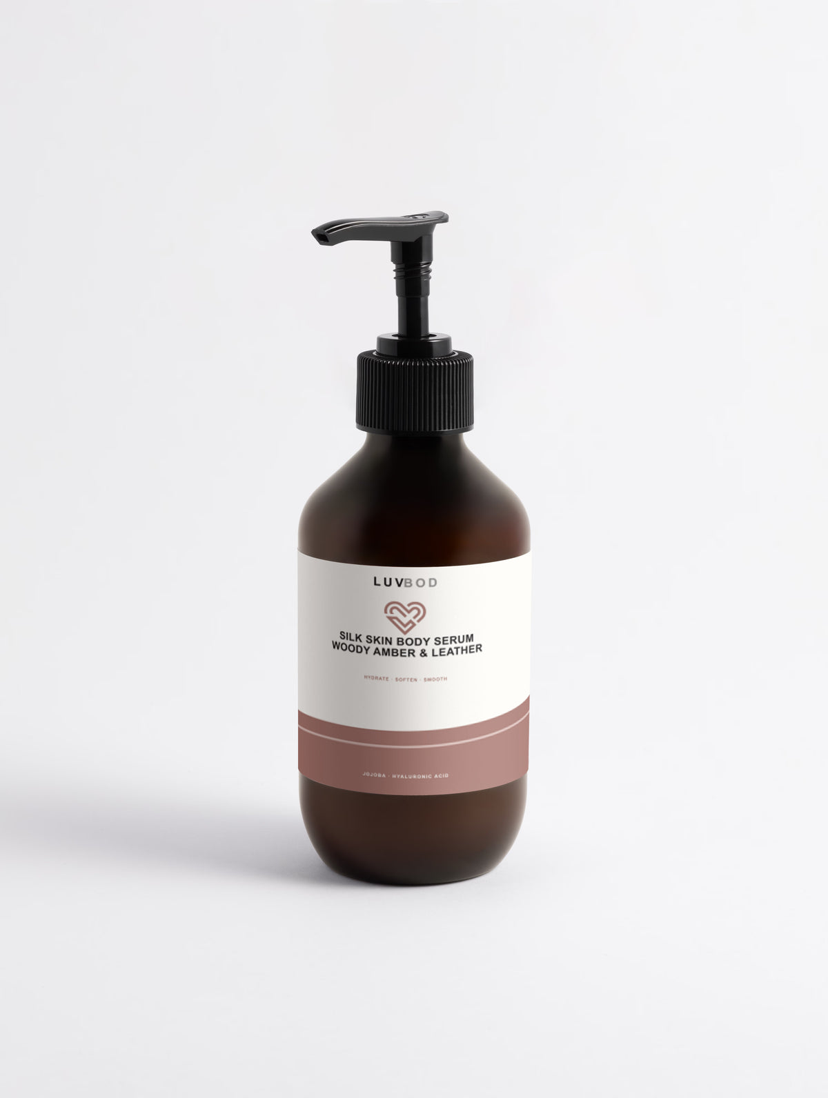 Silk Skin Body Serum, Woody Amber & Leather, front packaging view