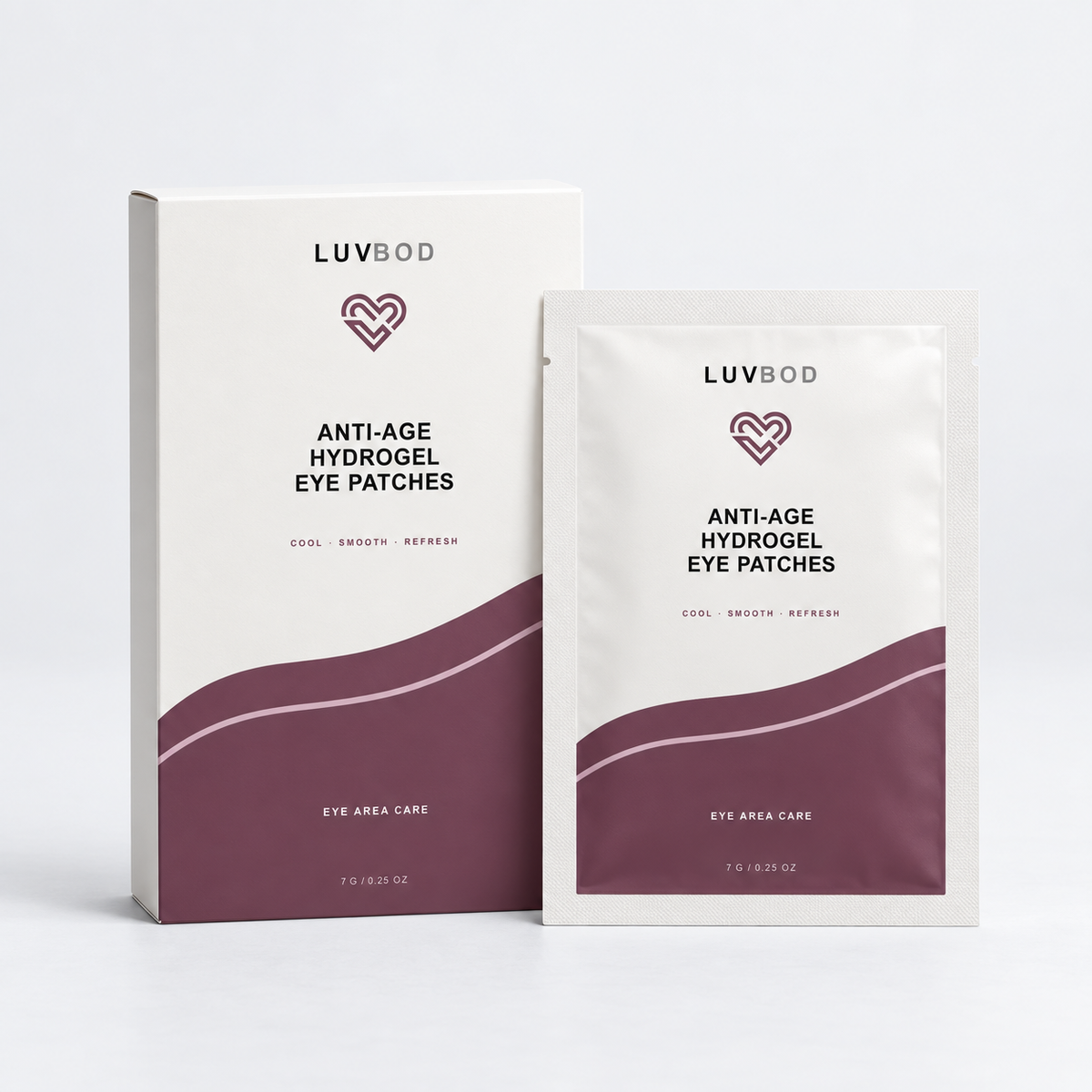 LUVBOD Anti-Age Hydrogel Eye Patches in full-color Horizon carton and flat sachet packaging