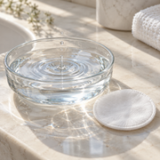 Clear water ripple in a glass bowl beside a reusable cotton round