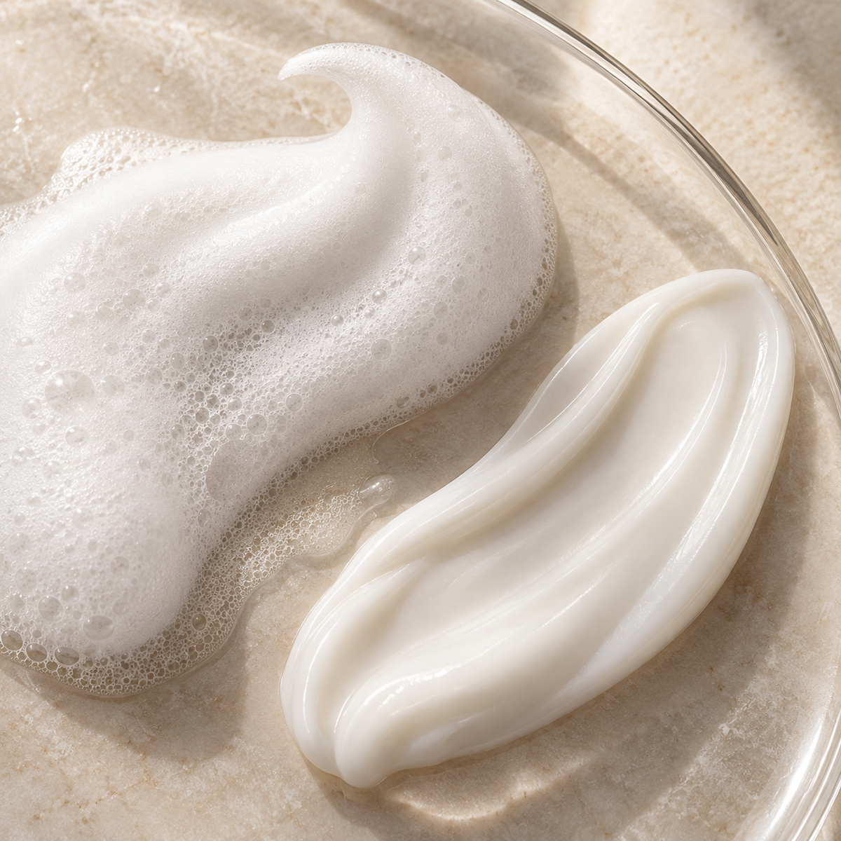 Creamy conditioner texture with water droplets on warm stone