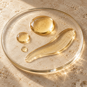 Pale golden facial oil drops on a clear glass dish