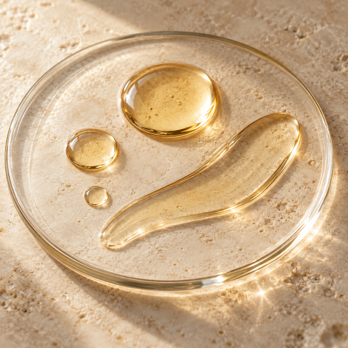 Pale golden facial oil drops on a clear glass dish
